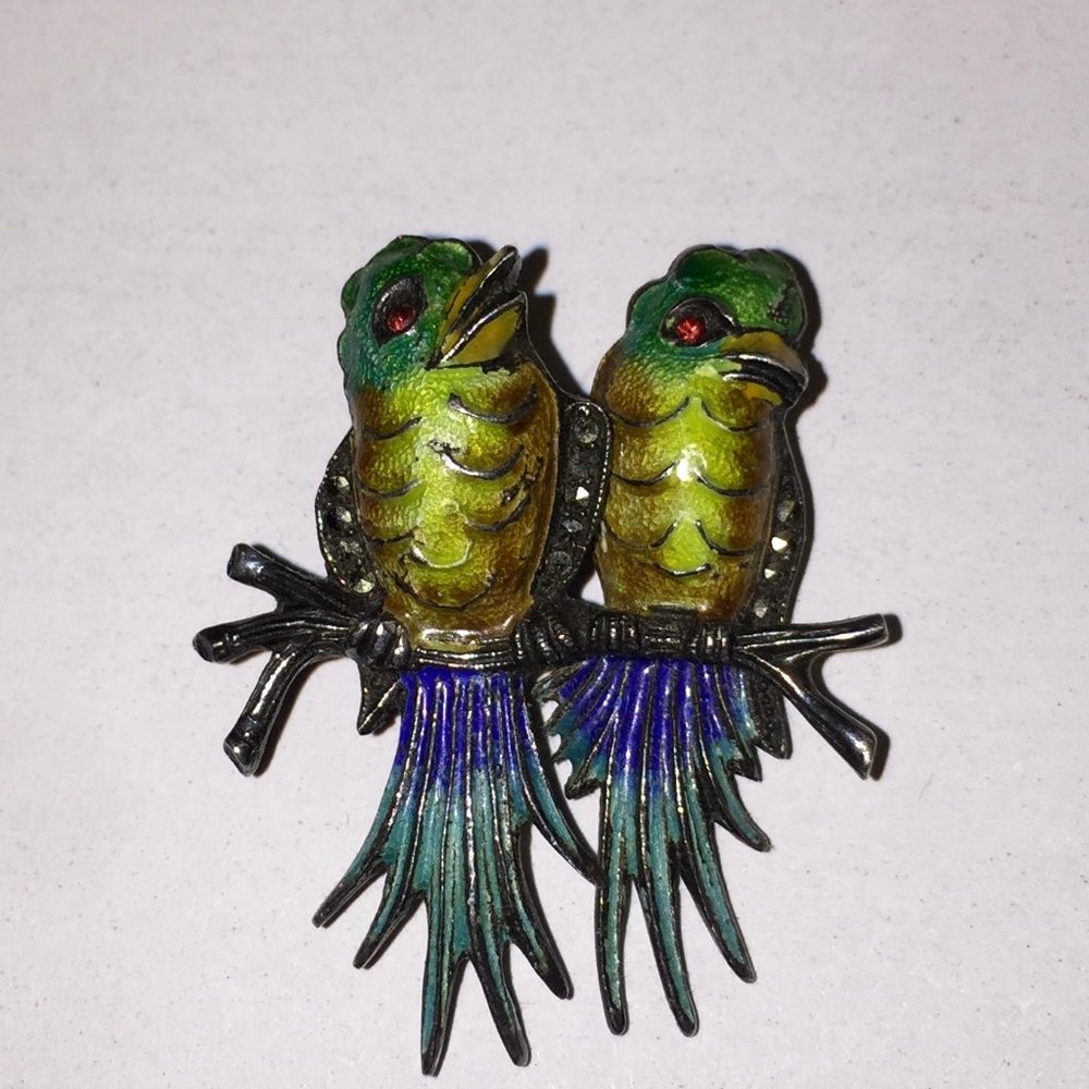 Sterling Enamel Marcasite Lovebirds Germany